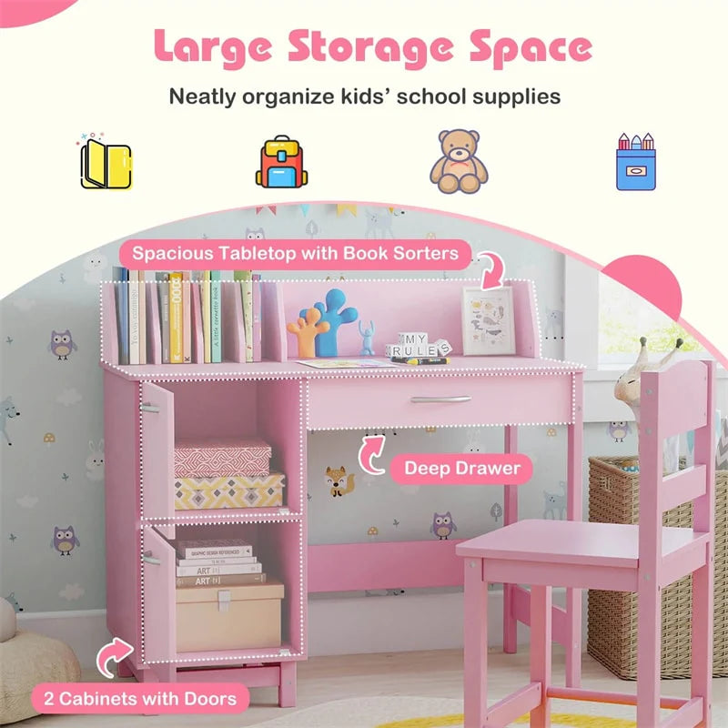 Wooden Kids Desk and Chair Set with Hutch, Storage Drawer & Cabinet, Children School Study Table Writing Computer Workstation for Ages 3-8