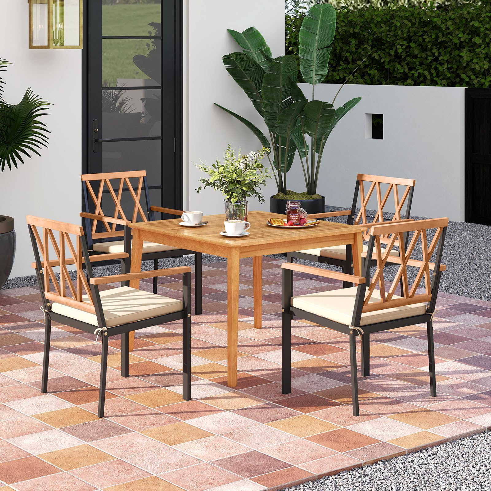 Tangkula 5 Piece Patio Wood Dining Set Outdoor Square Acacia Table Metal Chairs Set