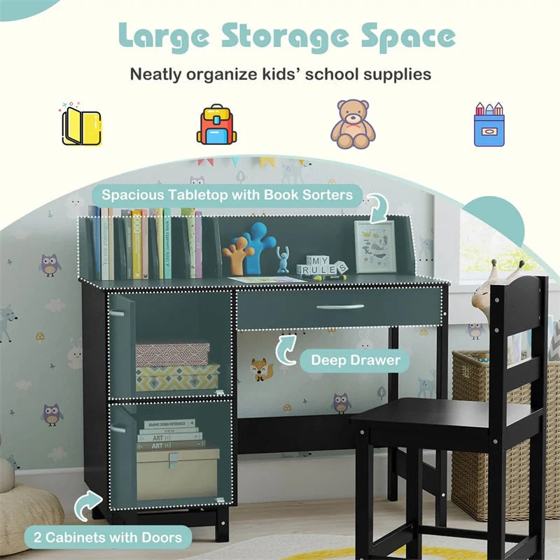 Wooden Kids Desk and Chair Set with Hutch, Storage Drawer & Cabinet, Children School Study Table Writing Computer Workstation for Ages 3-8