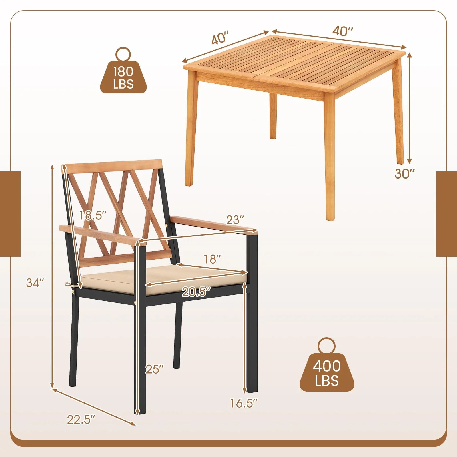 Tangkula 5 Piece Patio Wood Dining Set Outdoor Square Acacia Table Metal Chairs Set