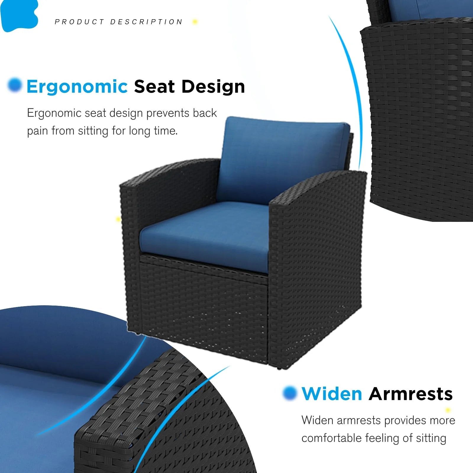 AECOJOY 7 PCS Outdoor Patio Furniture Sets with 2 Storage Boxes, Black & Dark Blue