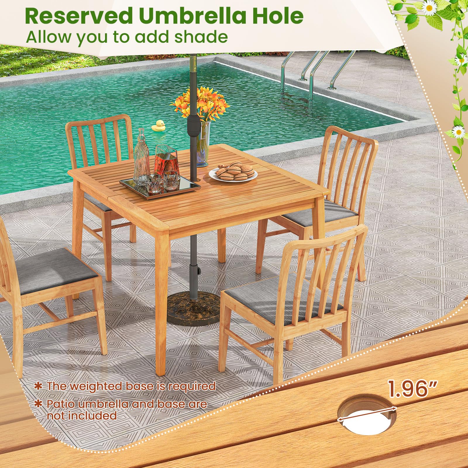 Tangkula 5 Piece Patio Wood Dining Set Outdoor Square Acacia Table Metal Chairs Set