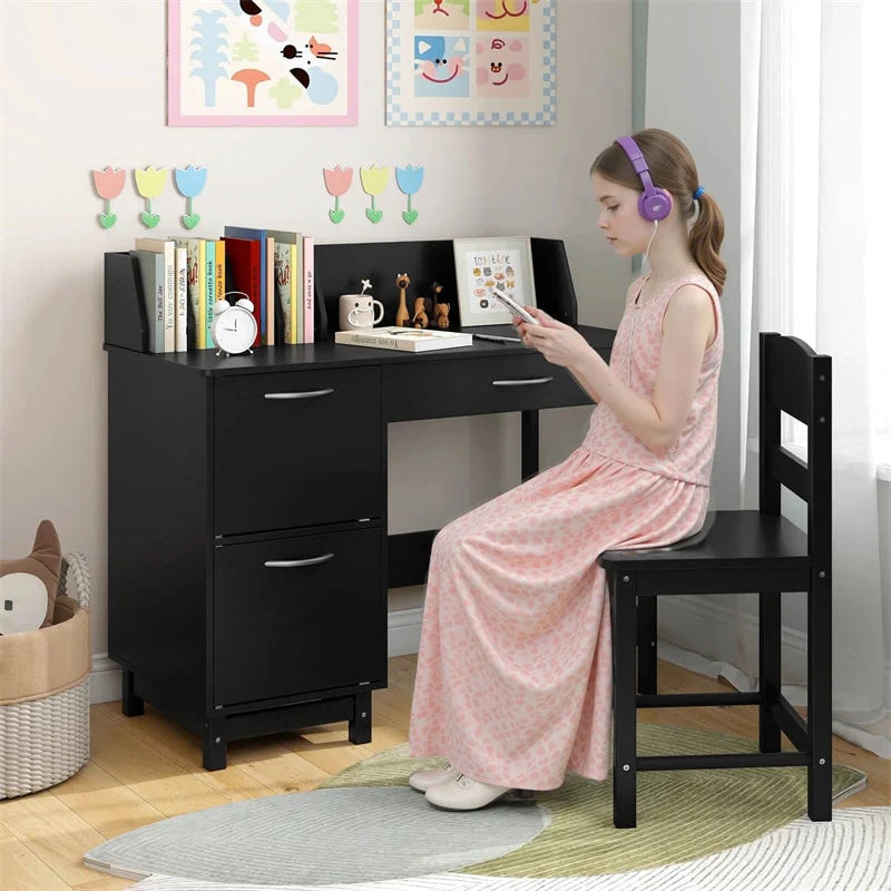 Wooden Kids Desk and Chair Set with Hutch, Storage Drawer & Cabinet, Children School Study Table Writing Computer Workstation for Ages 3-8