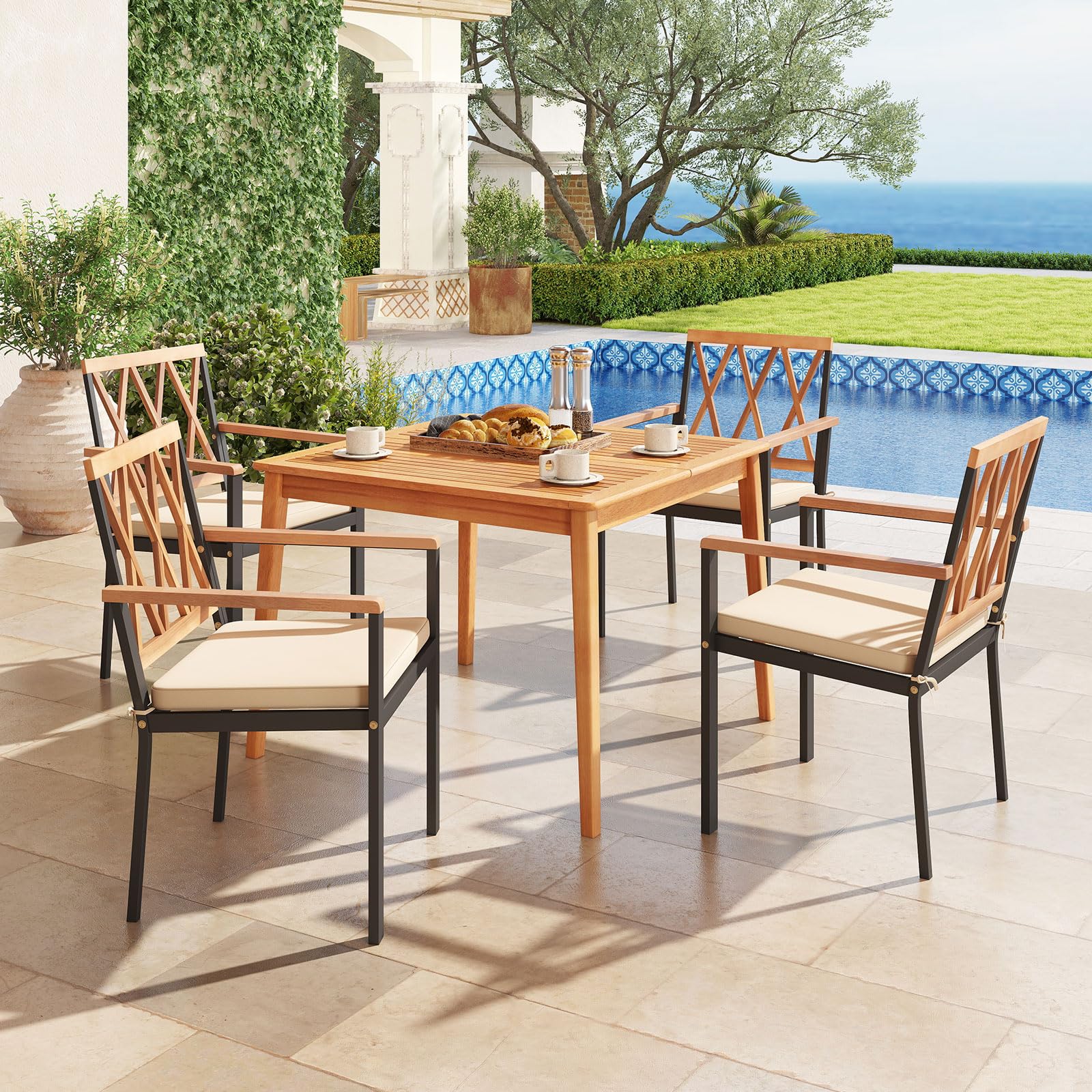 Tangkula 5 Piece Patio Wood Dining Set Outdoor Square Acacia Table Metal Chairs Set
