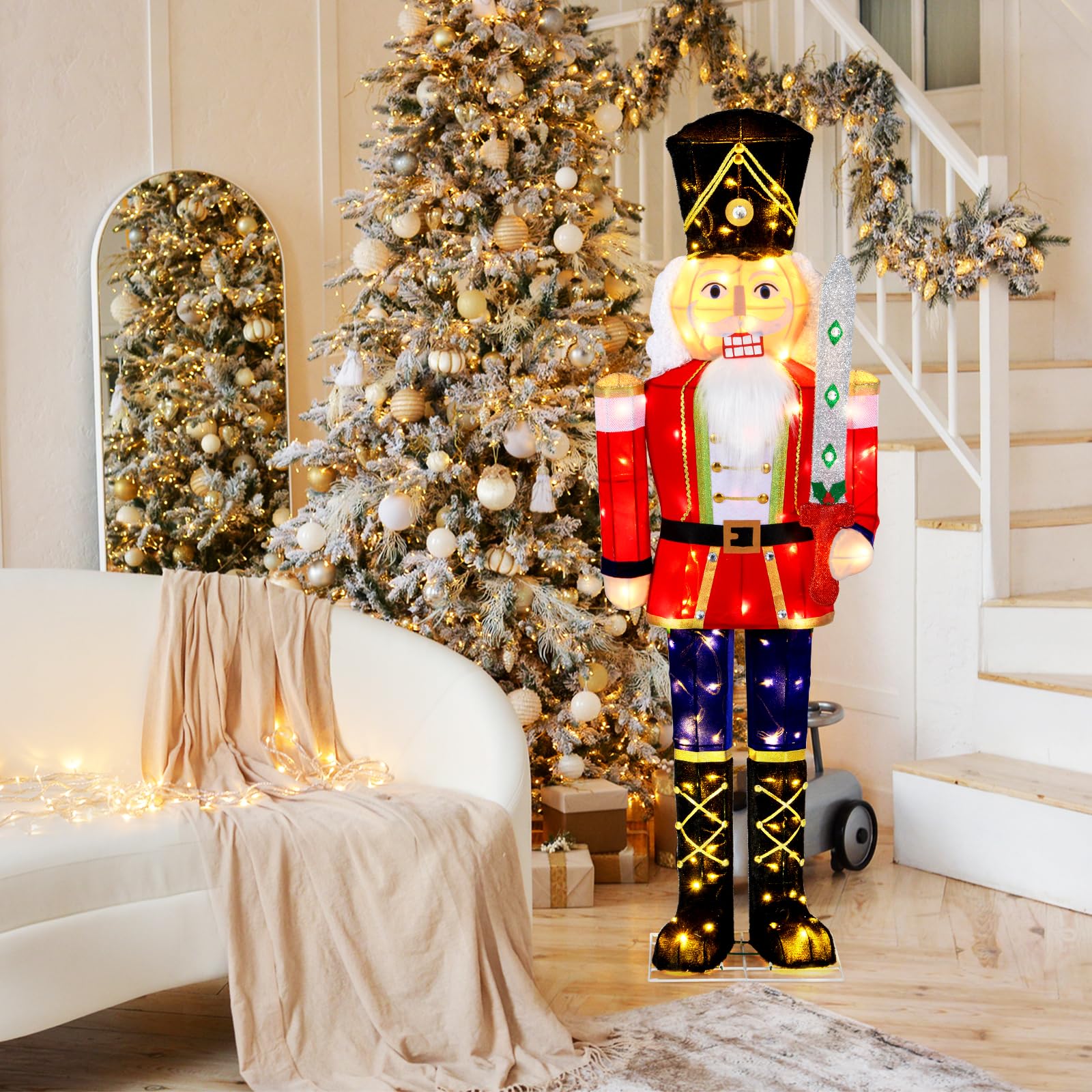 Tangkula 5 FT Christmas Lighted Nutcracker with Glitter Sword