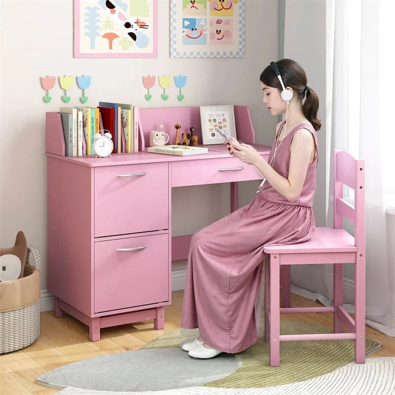 Wooden Kids Desk and Chair Set with Hutch, Storage Drawer & Cabinet, Children School Study Table Writing Computer Workstation for Ages 3-8